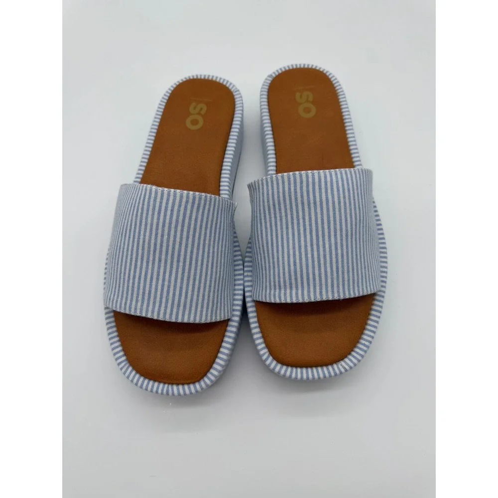 SO Womens Blue White Striped Platform Slide Sandals‎ Slip On 9 New